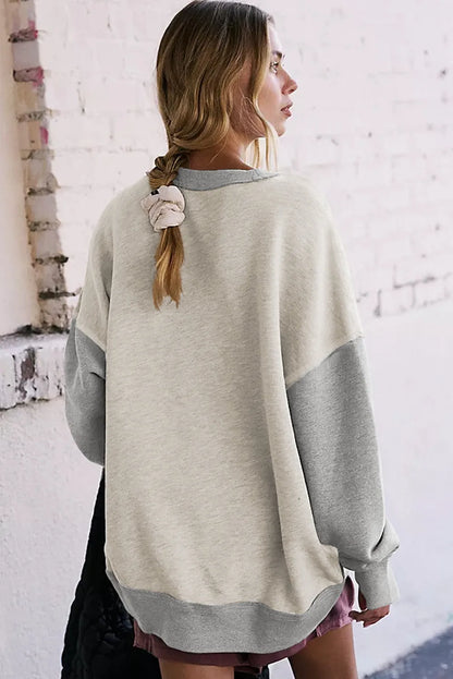 Light Grey Color Block Thumbhole Sleeve Drop Shoulder Sweatshirt - Chic Meadow Boutique 