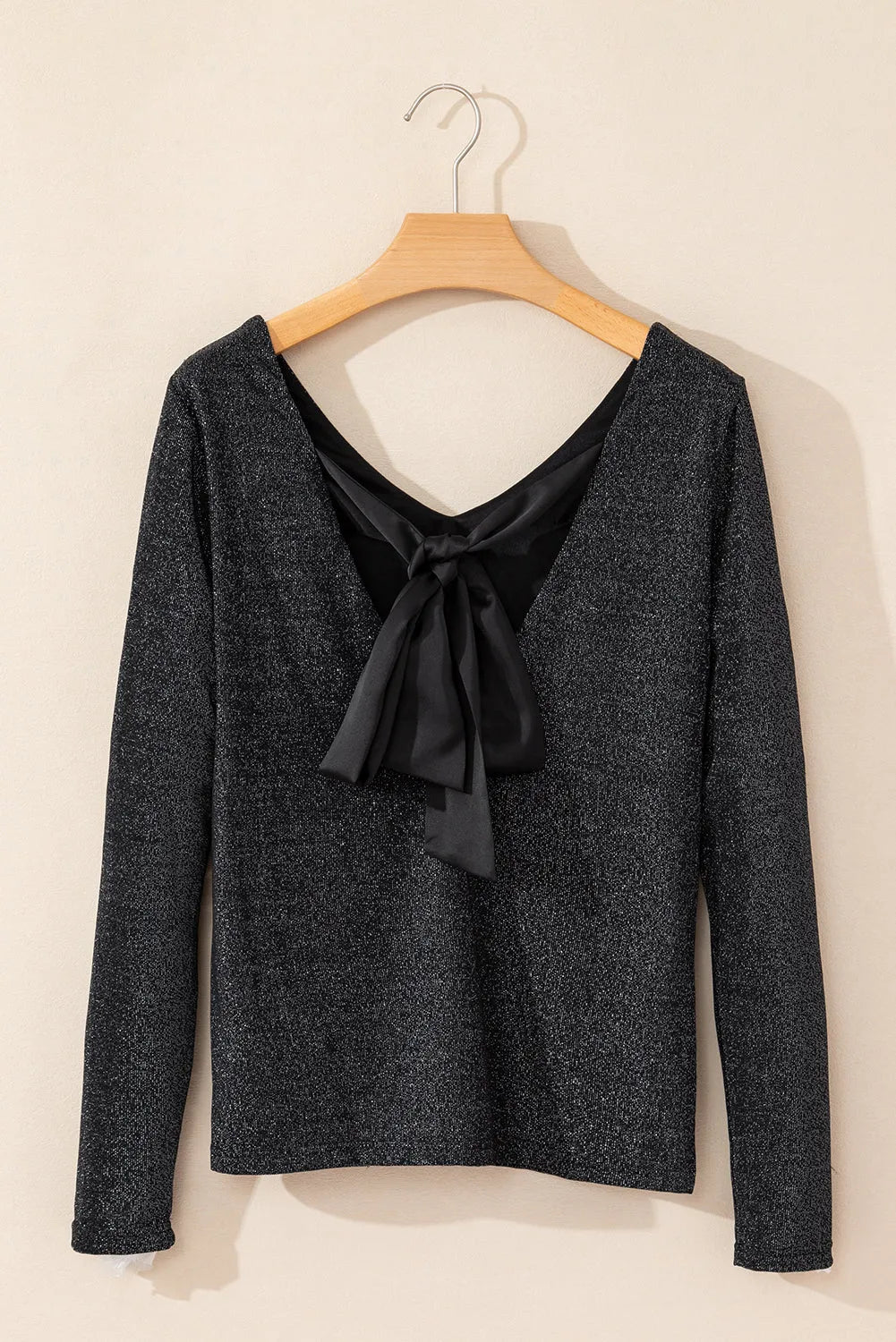 Black Metallic Bowknot Open Back V Neck Top - Chic Meadow Boutique 