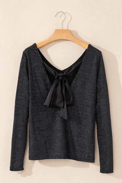 Black Metallic Bowknot Open Back V Neck Top - Chic Meadow Boutique 