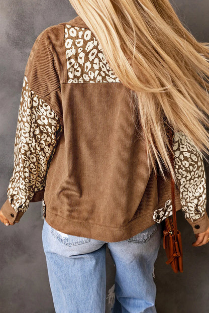 Brown Leopard Print Corduroy Long Sleeve Jacket - Chic Meadow Boutique 