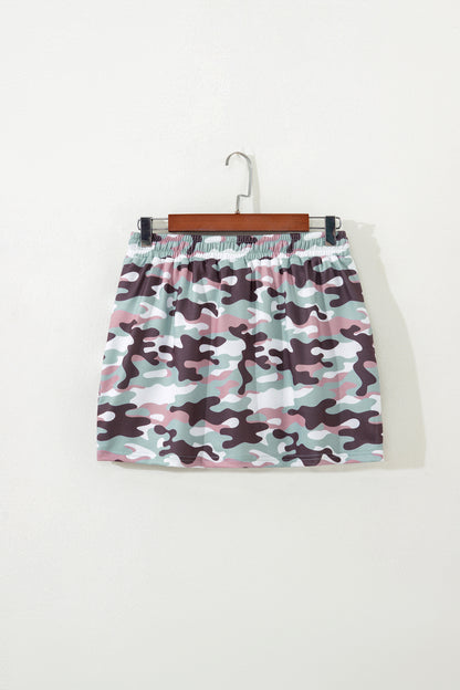 Green Camouflage Print Drawstring Casual Mini Skort