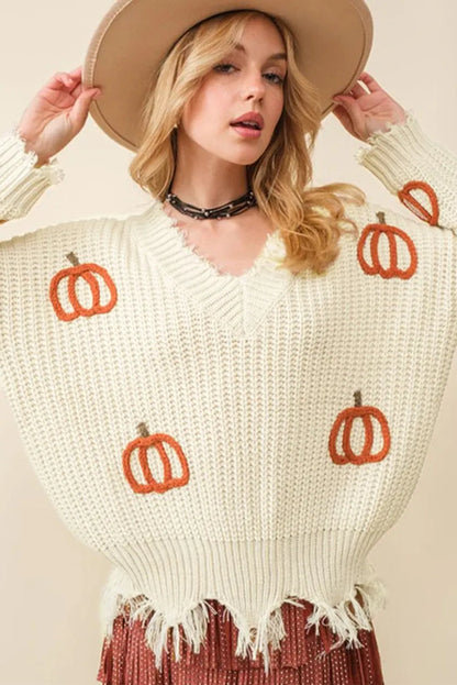 Beige Cable Knit Pumpkin Raw Hem V Neck Loose Sweater - Chic Meadow Boutique 