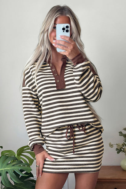 Brown Stripe Contrast Trim Button Neck Long Sleeve Top Drawstring Mini Skirt Set