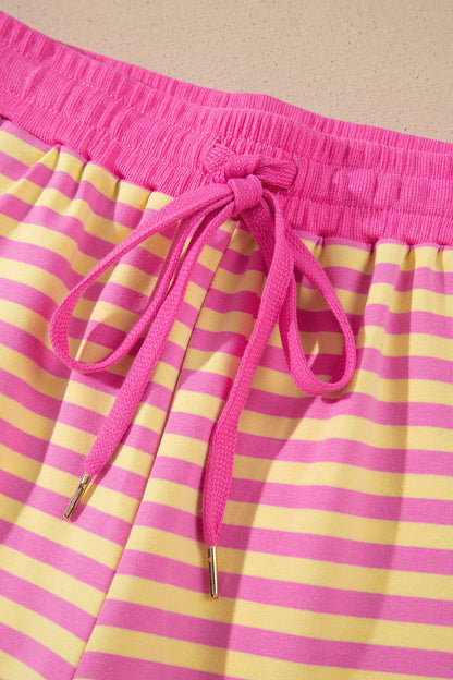 Rose Red Striped Long Sleeve Zip-Up Hoodie Drawstring Elastic Waist 2pcs Short Set