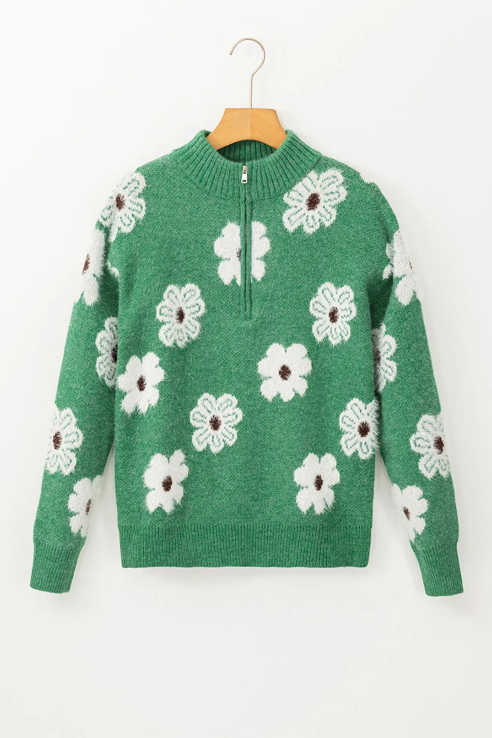 Green Floral Pattern Half Zip Drop Shoulder Sweater - Chic Meadow Boutique 