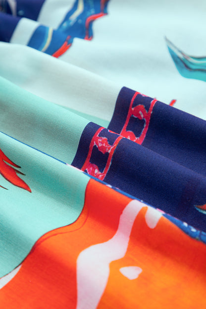 Sky Blue Tropical Printed Square Neck Flutter Sleeve Babydoll Blouse