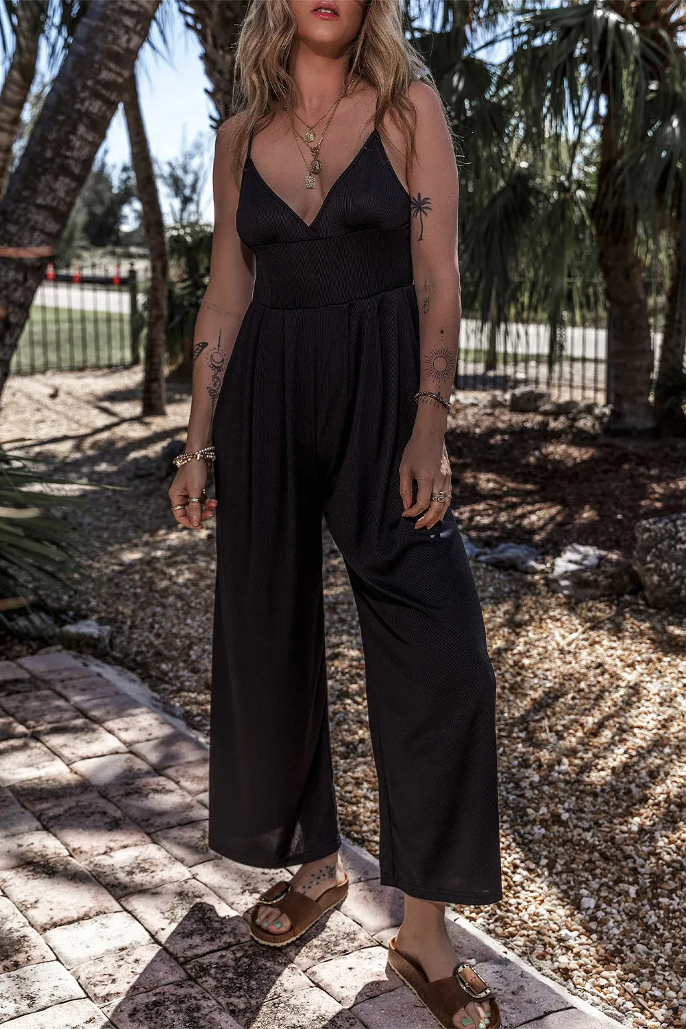 Black Wide Leg High Waist Sexy V Neck Cami Jumpsuit - Chic Meadow Boutique 