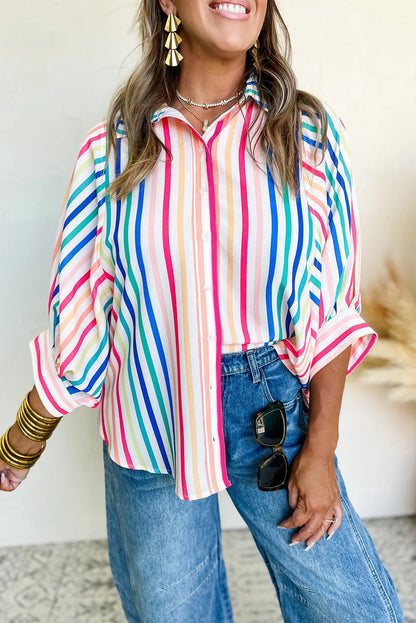 Pink Stripe 3/4 Sleeve Button Up Casual Shirt - Chic Meadow Boutique 