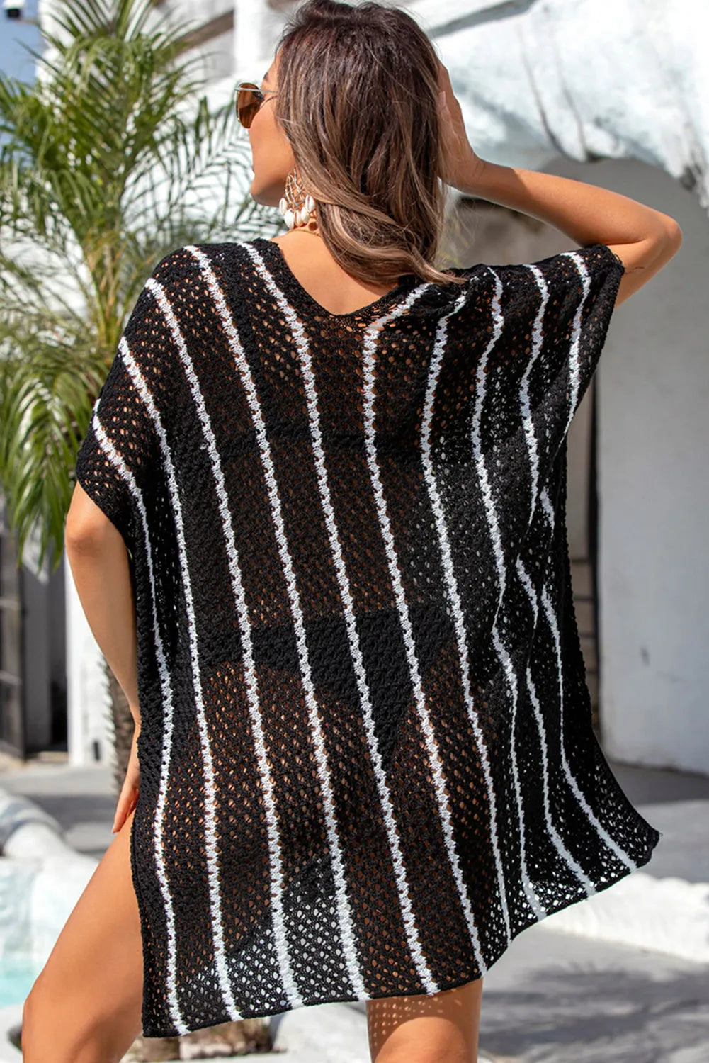 Black Striped Crochet Loose Fit V Neck Beach Cover Up - Chic Meadow Boutique 