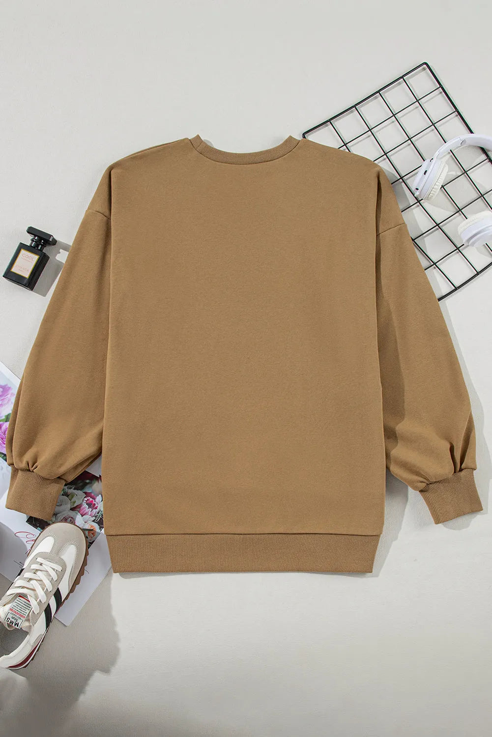 Brown Solid O Neck High Low Hem Pullover Sweatshirt - Chic Meadow Boutique 