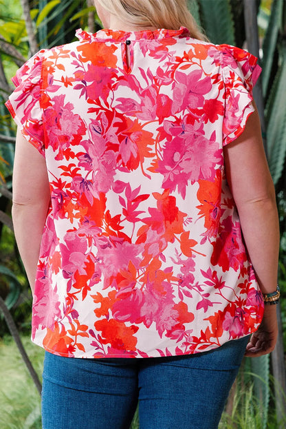 Rose Ruffle Tiered Sleeve Frill Neck Floral Plus Size Blouse - Chic Meadow Boutique 