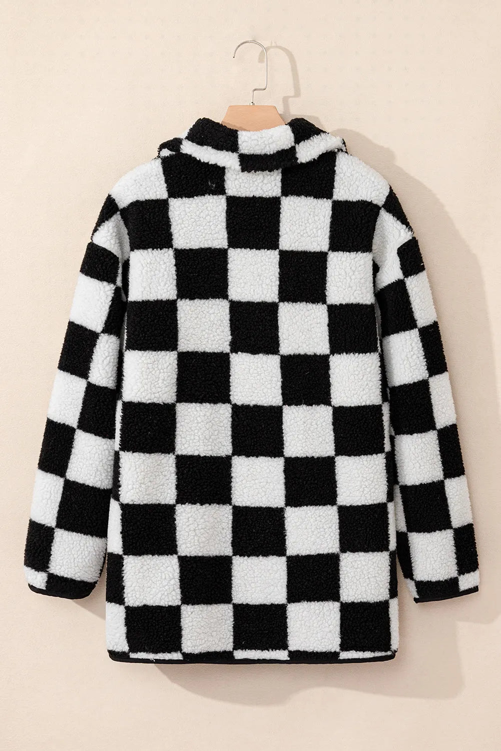 Black Checkered Side Pockets Collared Buttoned Fleece Jacket - Chic Meadow Boutique 