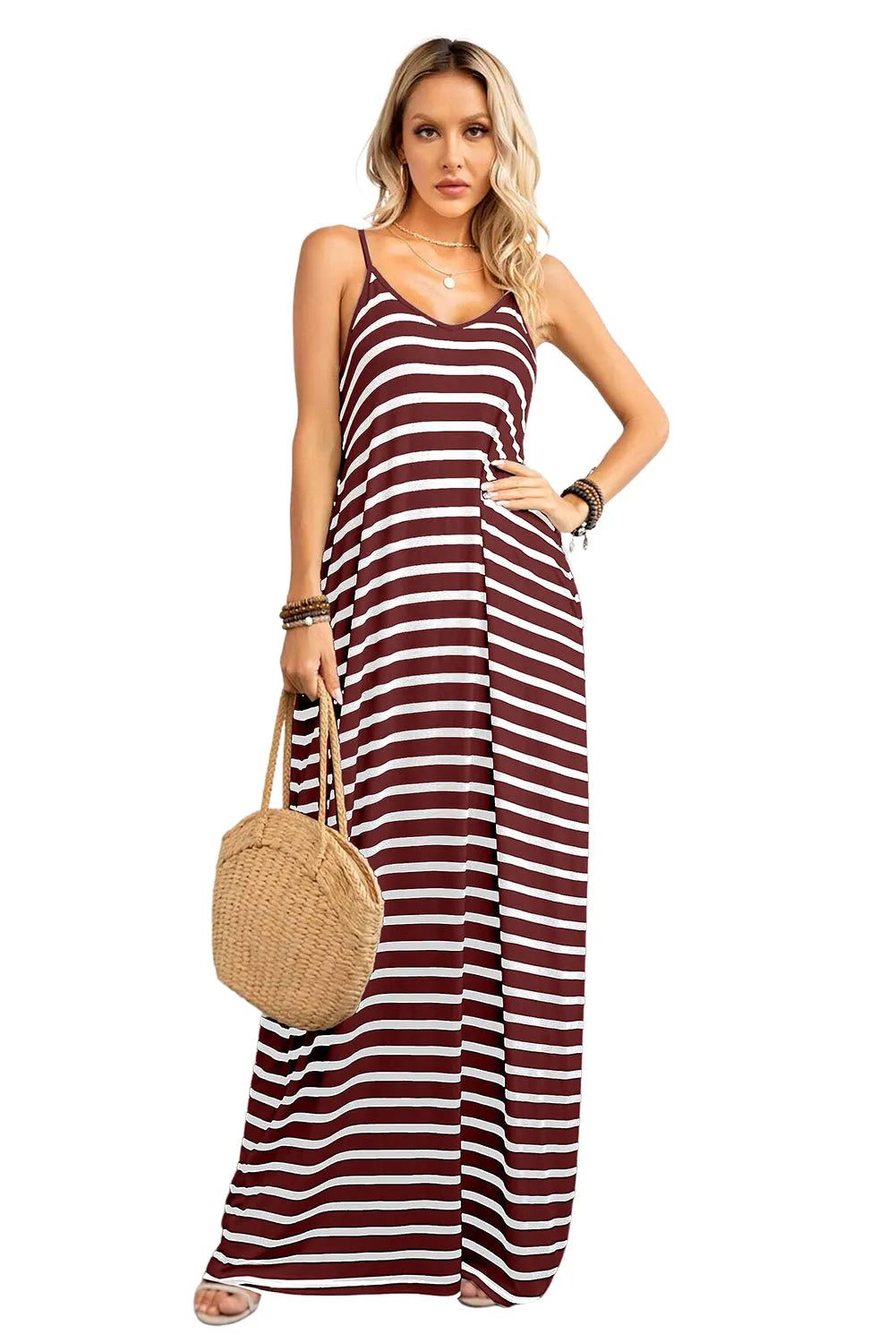 Red Stripe Side Pockets Spaghetti Straps Maxi Dress - Chic Meadow Boutique 