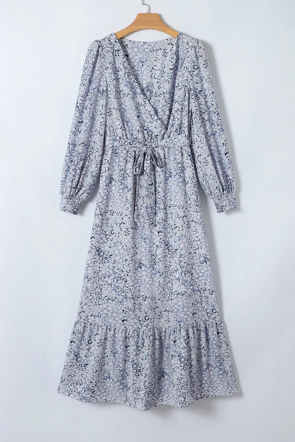 Sky Blue Printed Surplice Neck Bubble Sleeve Maxi Dress with Sash - Chic Meadow Boutique 