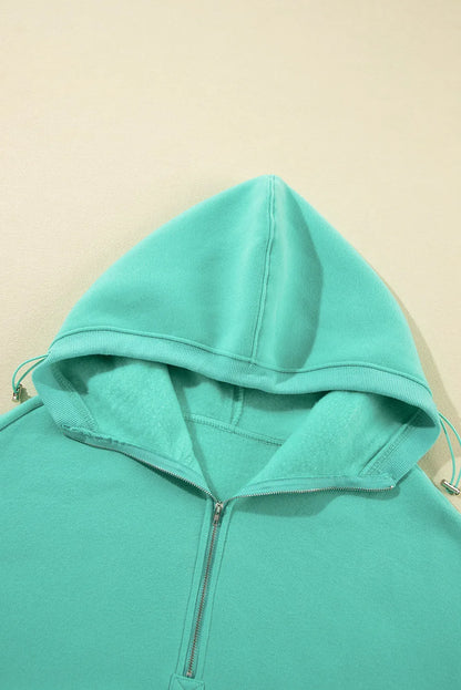 Mint Green Half Zip Kangaroo Pocket Drop Shoulder Hoodie - Chic Meadow Boutique 