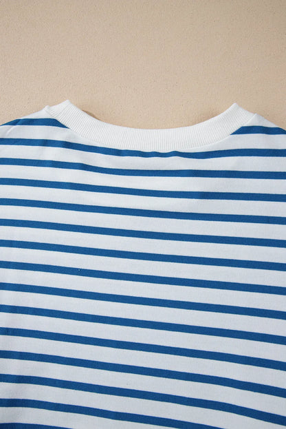 Blue Stripe Drop Shoulder Crew Neck Loose Sweatshirt - Chic Meadow Boutique 