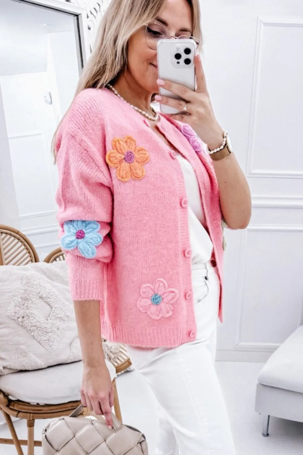 Pink Cute Knitted Floral Pattern Button Up Cardigan - Chic Meadow Boutique 