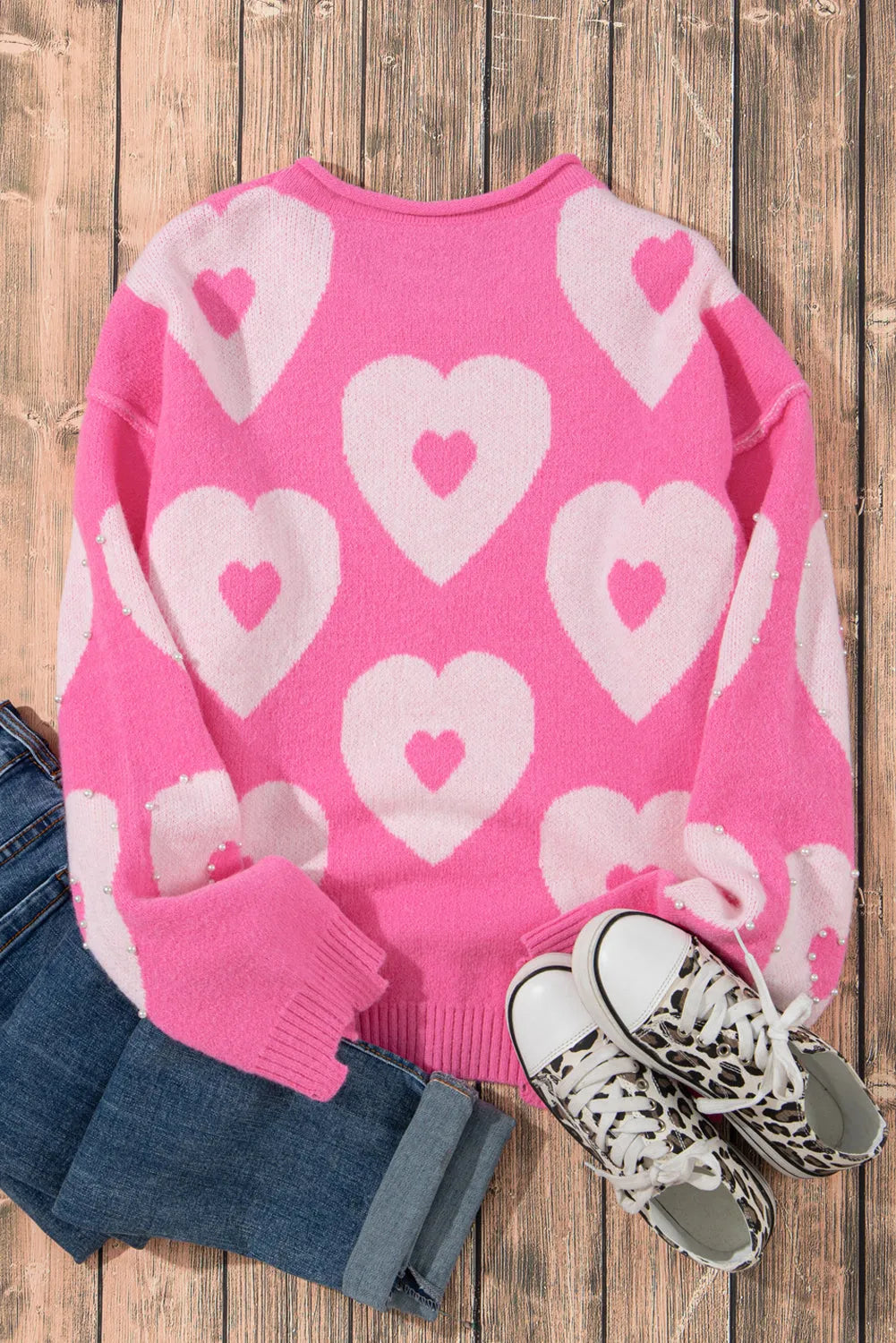 Bonbon Pearl Beaded Heart Drop Shoulder Sweater - Chic Meadow Boutique 