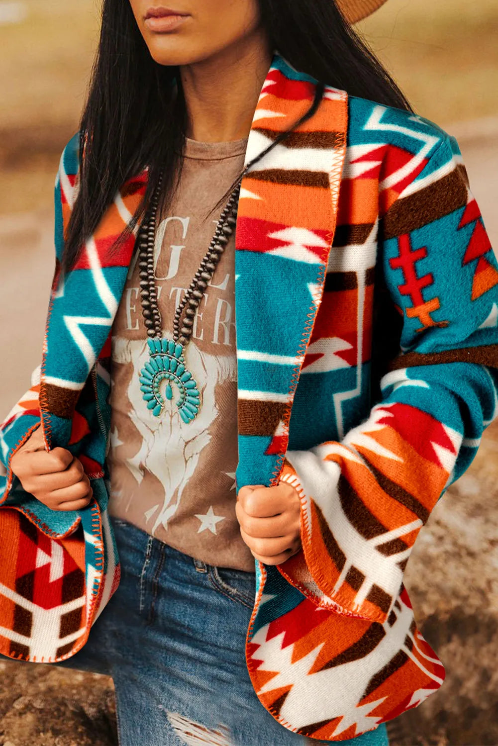 Sky Blue Aztec Printed Lapel Bell Sleeve Jacket - Chic Meadow Boutique 