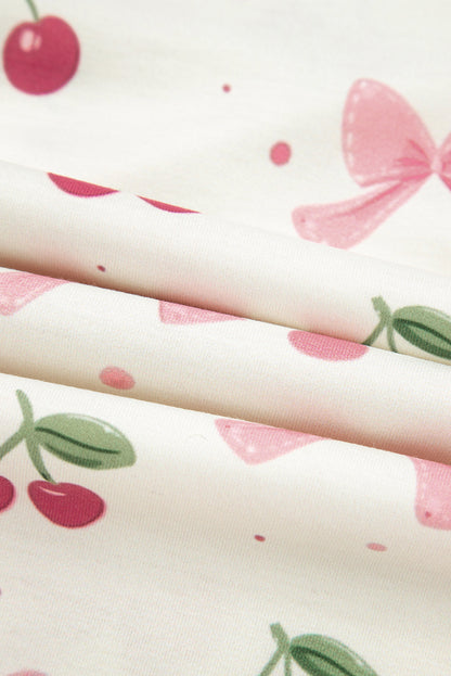 Beige Bow Fruit Print Contrast Pipping Short Pajamas Set