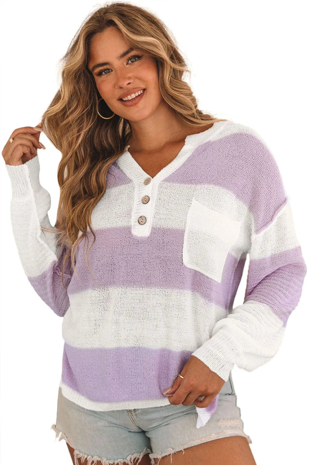 Pink Striped Knit Button Ribbed Split Neck Sweater - Chic Meadow Boutique 