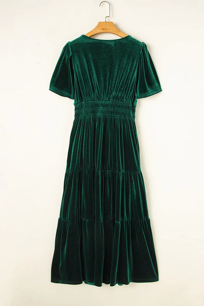 Evergreen Velvet Short Sleeve Shirred Waist Tiered Maxi Dress - Chic Meadow Boutique 