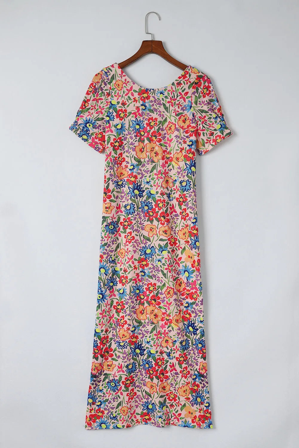 Multicolor Long Floral Print Short Sleeve Holiday Dress - Chic Meadow Boutique 