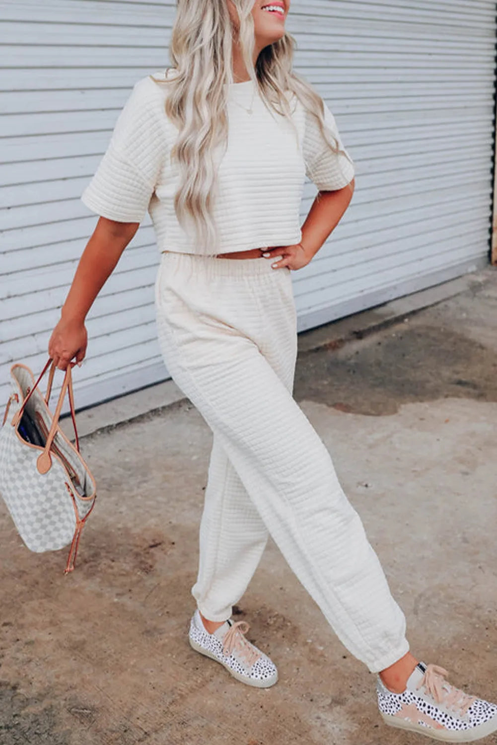 White Lattice Textured Cropped Tee and Jogger Pants Set - Chic Meadow Boutique 