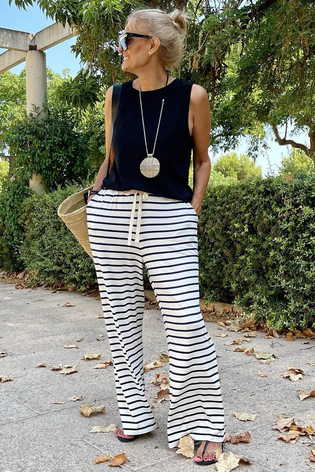 White Drawstring Striped Wide Leg Pants - Chic Meadow Boutique 