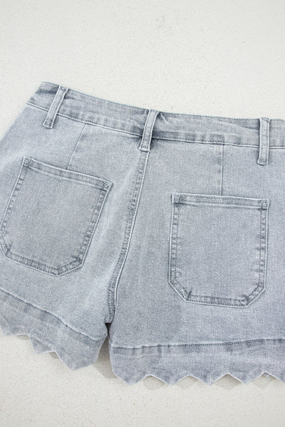 Dusk Blue Scalloped Hemline Acid Wash High Waist Denim Shorts