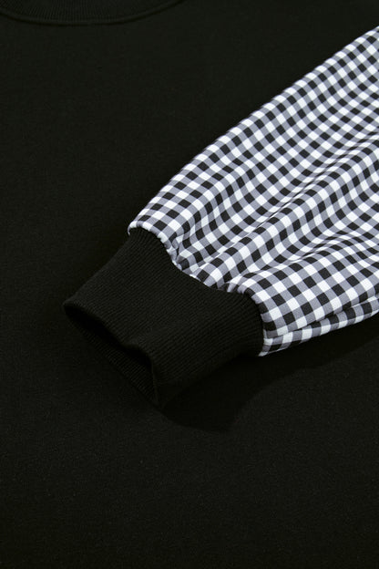 Black Plaid Sleeve Colorblock Loose Tunic Sweatshirt
