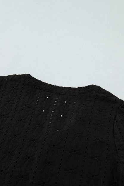 Black V Neck Floral Knit Long Sleeve Button Front Fit Blouse