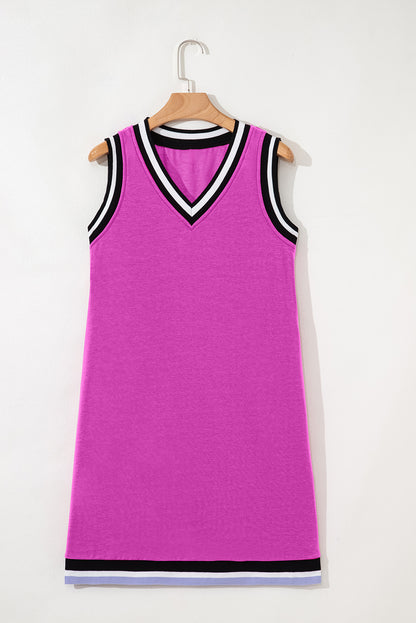 Purple Orchid Color Contrast Trim V Neck Shift Sleeveless Mini Dress