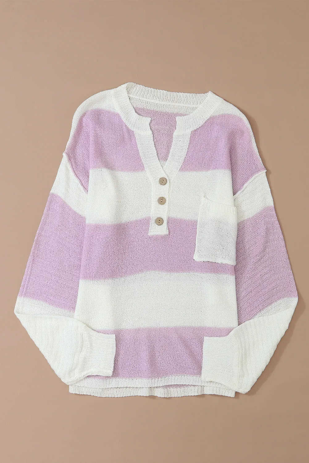 Pink Striped Knit Button Ribbed Split Neck Sweater - Chic Meadow Boutique 