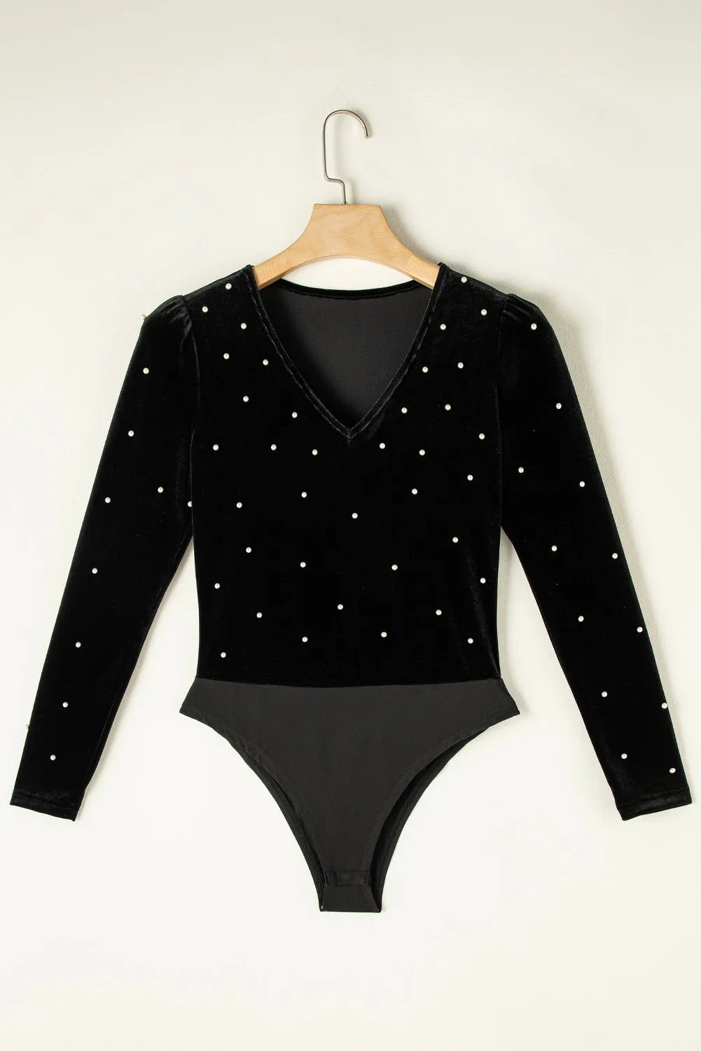 Black Velvet Beaded Long Sleeve V Neck Bodysuit - Chic Meadow Boutique 