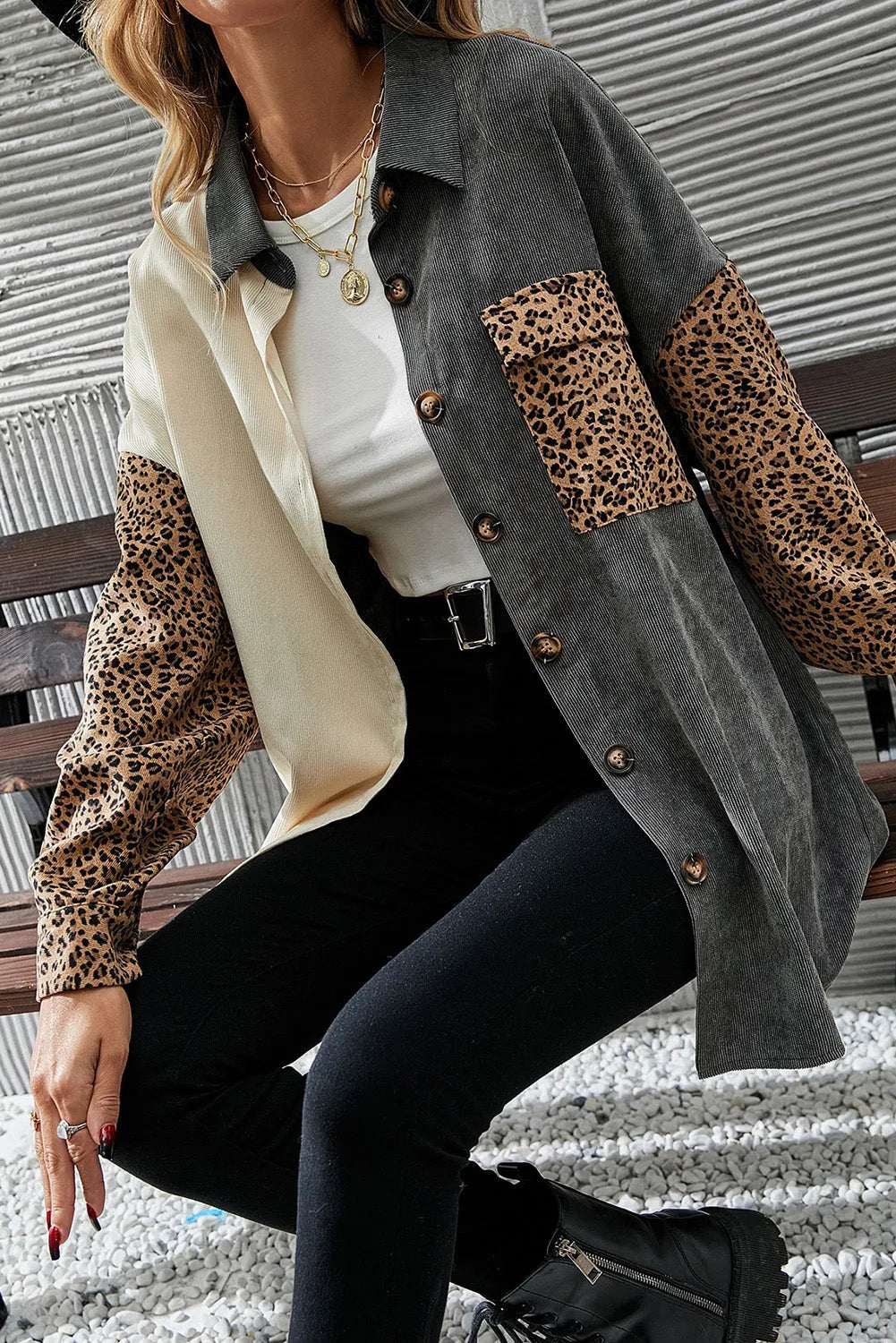 Gray Color Block Leopard Patched Corduroy Shacket - Chic Meadow Boutique 