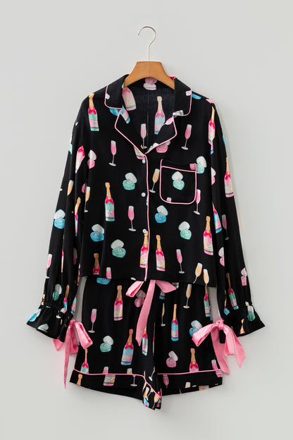 Color black Christmas Wine Glass Print Bow Knot Two Piece Pajama Set