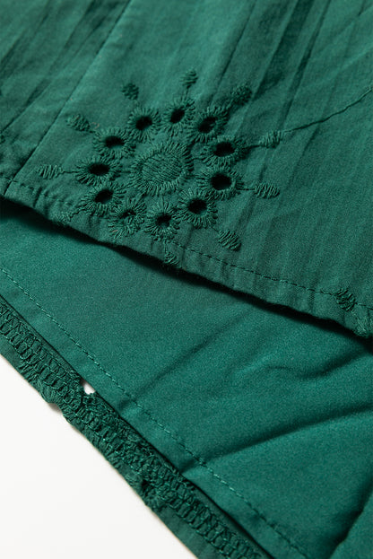 Blackish Green Embroidered Eyelet Pattern 3/4 Puffy Sleeve Swing Mini Dress