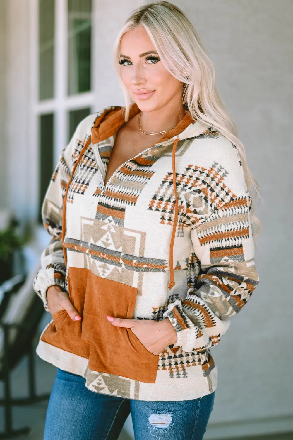 Beige Aztec Print Kangaroo Pocket Half-Zip Hoodie - Chic Meadow Boutique 