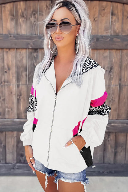 White Leopard Color Block Pockets Zip-up Hooded Jacket - Chic Meadow Boutique 