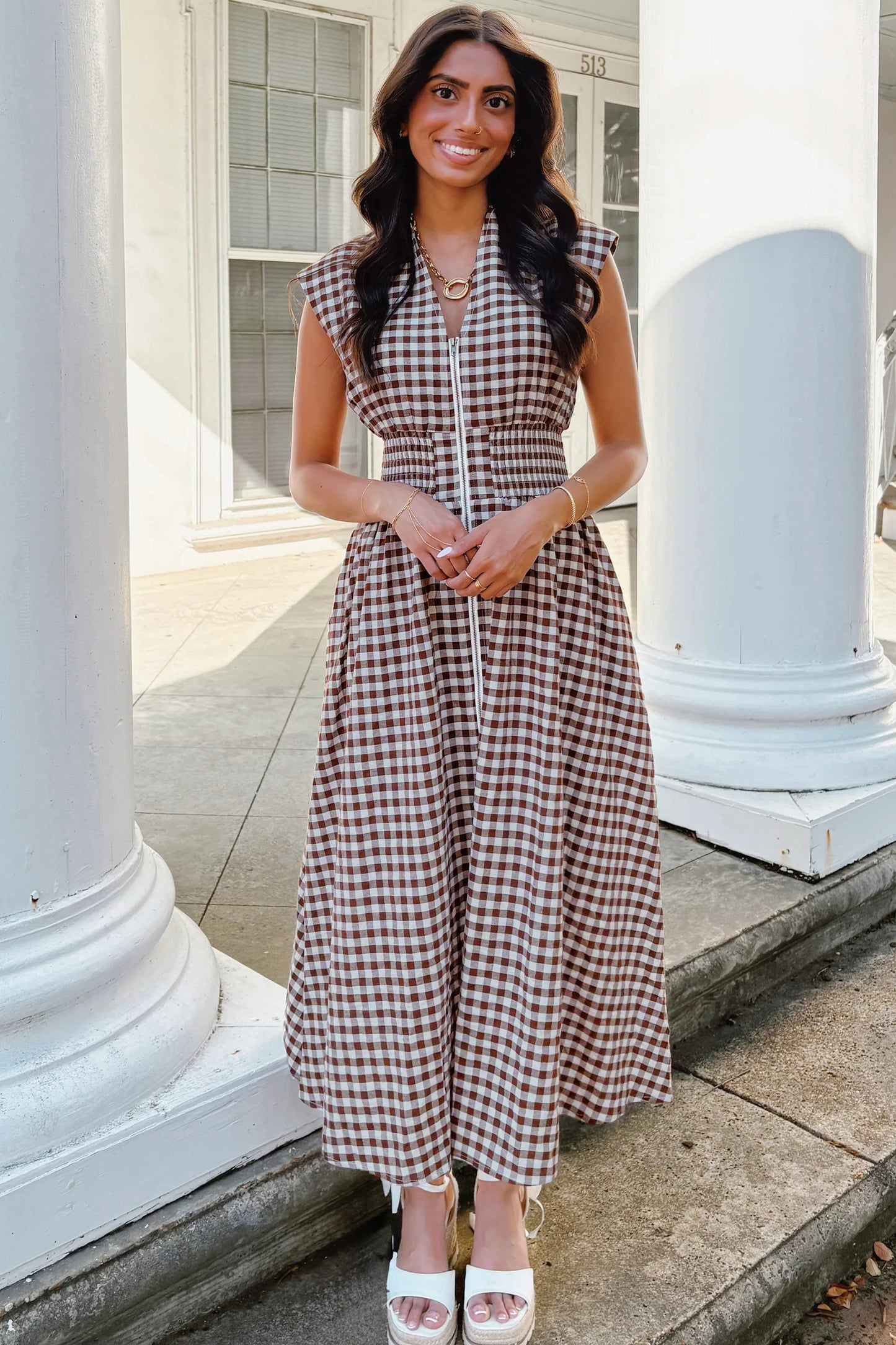 Coffee Plaid Print Full Zipper Cinched Waist Fit Flare Sleeveless Maxi Dress