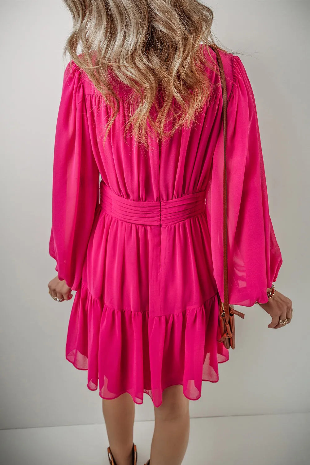 Rose Red Puff Long Sleeve V Neck Pleated Mini Dress - Chic Meadow Boutique 