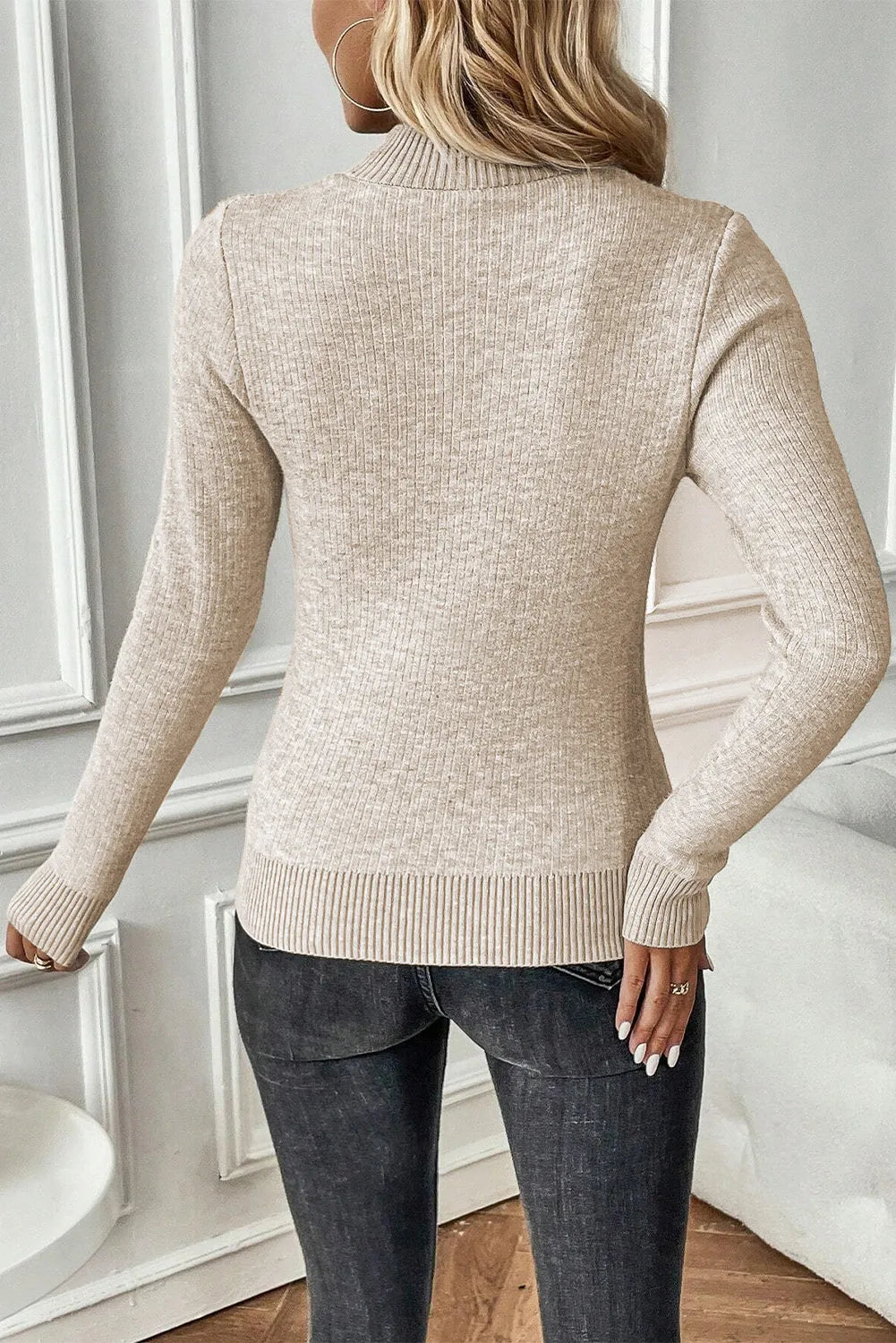 Apricot Thermal Lined Ribbed Knit Mock Neck Sweater - Chic Meadow Boutique 