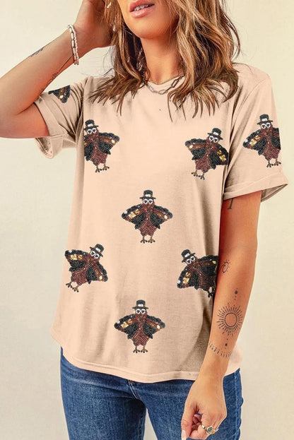 Graphic/Graphic Tees Khaki Sequined Turkey Patched Pattern Crewneck Thanksgiving T Shirt