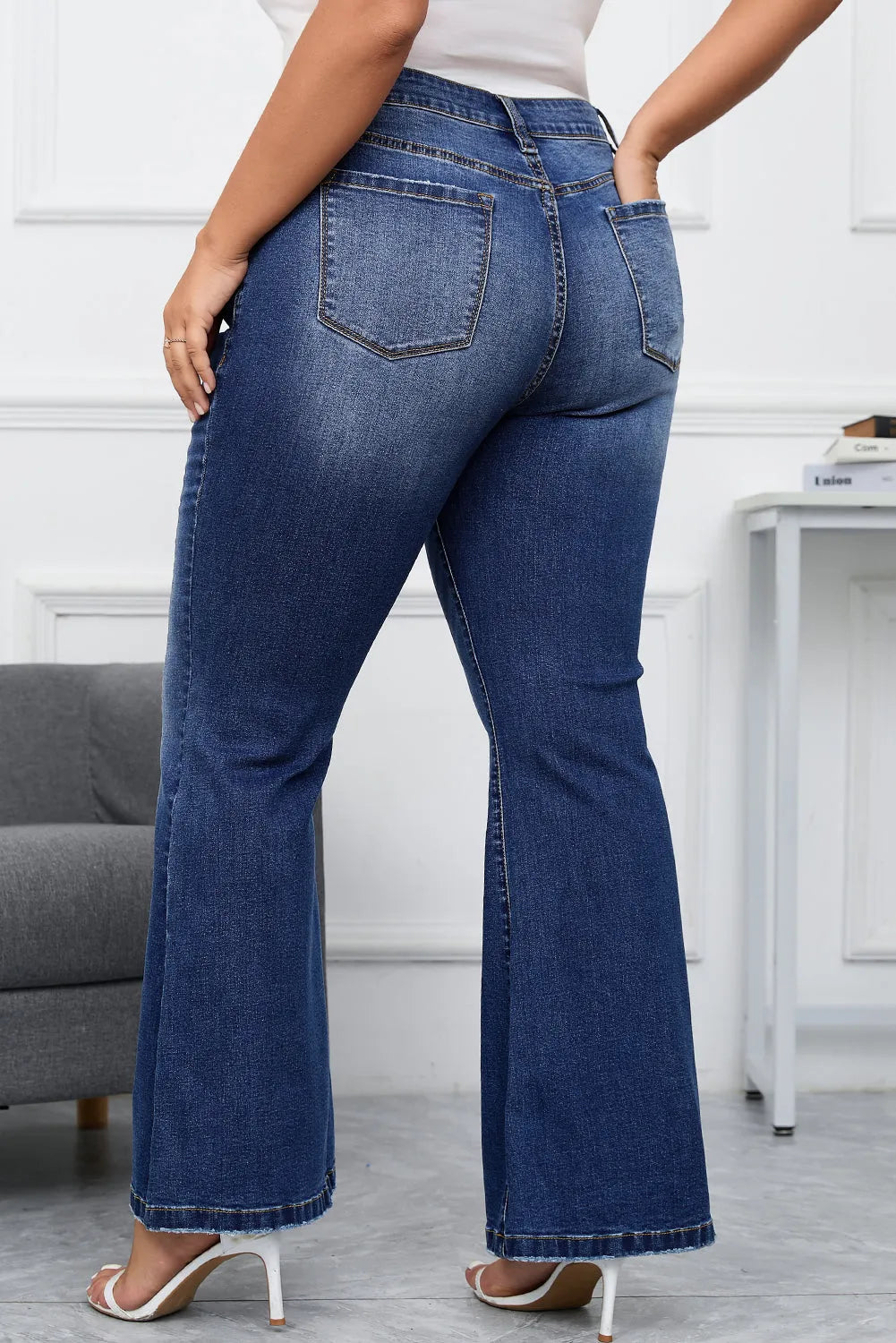 Dark Blue Plus Size Stitching Washed Flare Jeans - Chic Meadow Boutique 