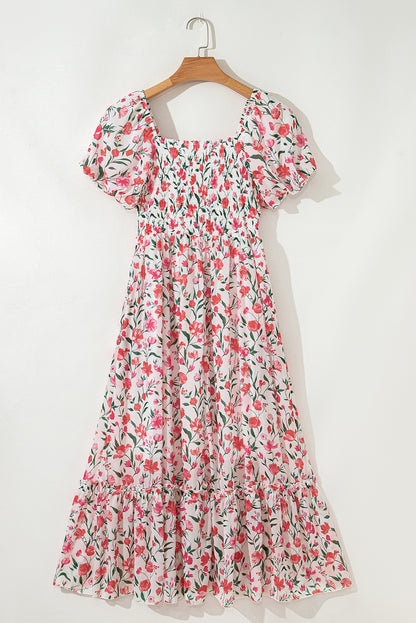 Pink Floral Puff Sleeve Square Neck Empire Waist Tiered Maxi Dress