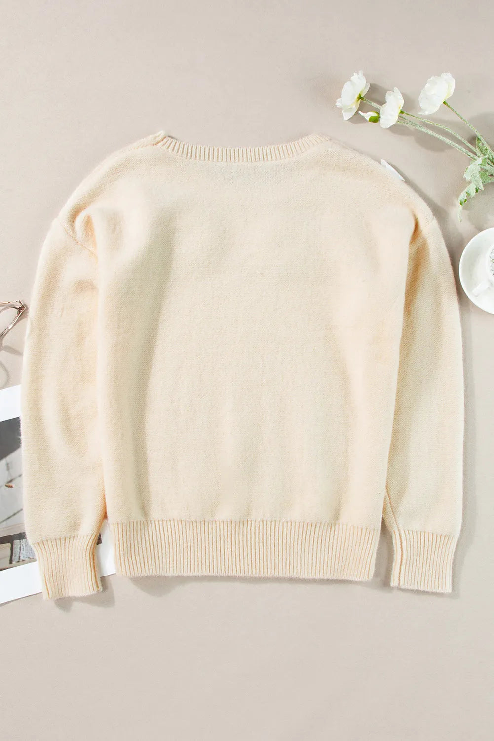 Beige Knitted Flower Pattern Ribbed Edge Sweater - Chic Meadow Boutique 