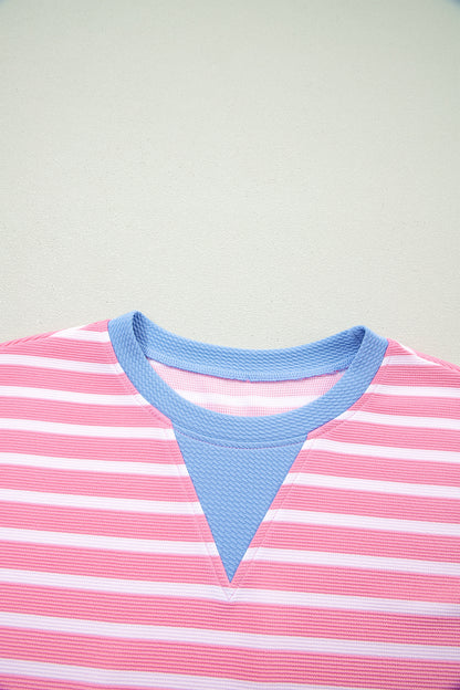 Pink Stripe Contrast Trim Loose Short Sleeve Top
