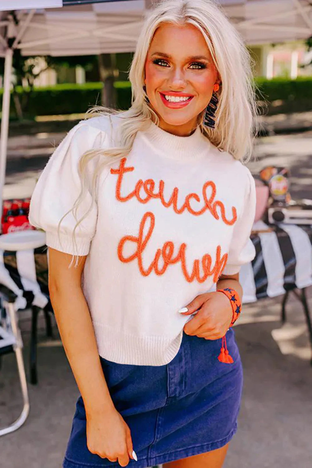 White Touchdown Tinsel Puff Short Sleeve Crew Neck Sweater - Chic Meadow Boutique 