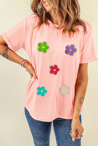 Pink Glittering Chenille Flower Patched Pattern Crewneck T Shirt - Chic Meadow Boutique 